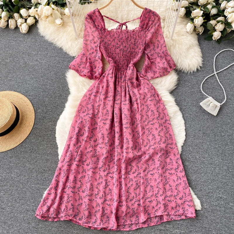 Fashion Summer Flower Print Long Dress Women Vintage Square Neck Ruched Chest Chiffon Sundress Party Vestidos