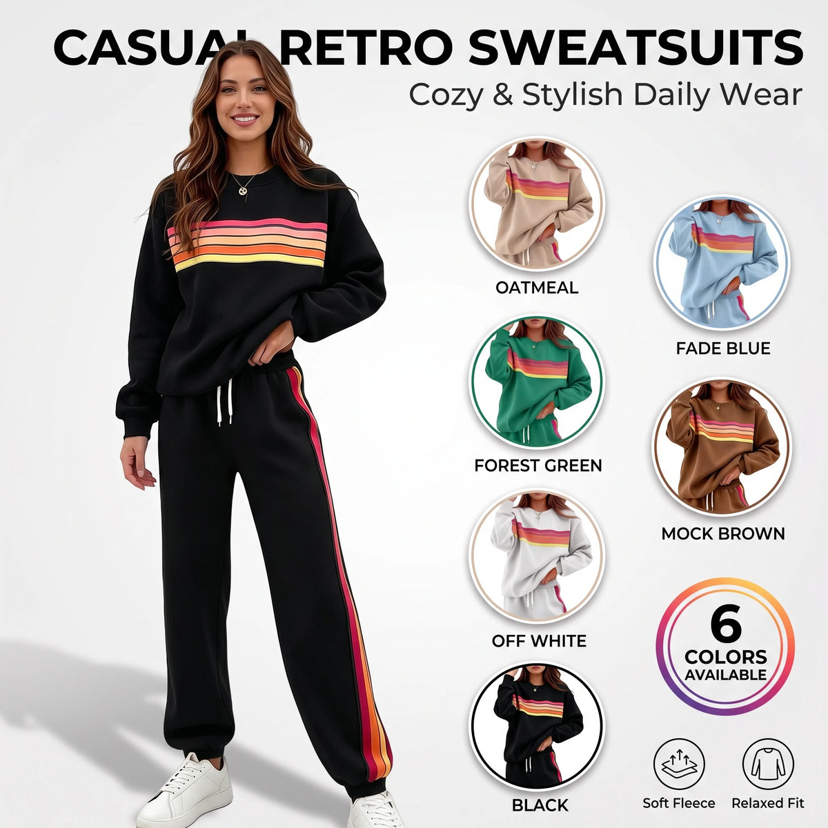 Women's Retro Stripe 2 Piece Tracksuit Set Classic Crewneck Top and High Waist Tapered Jogger Pants Matching Sweatsuit for Lounging Errands Walking