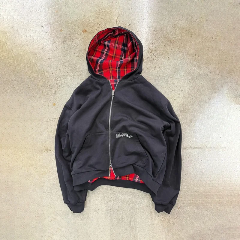 Unisex Reversible Zip Up Hoodie Double Side Wear Plaid Lining Sweatshirt Oversized Casual Streetwear Hooded Top