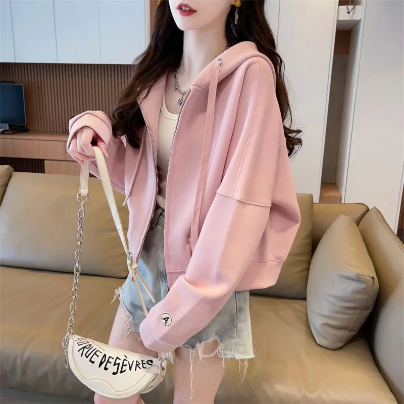 Women's Korean Style Letter Print Cropped Hoodie Zip-Up Sweatshirt Loose Petite Zipper Hooded Coat Casual Trendy Autumn Winter O