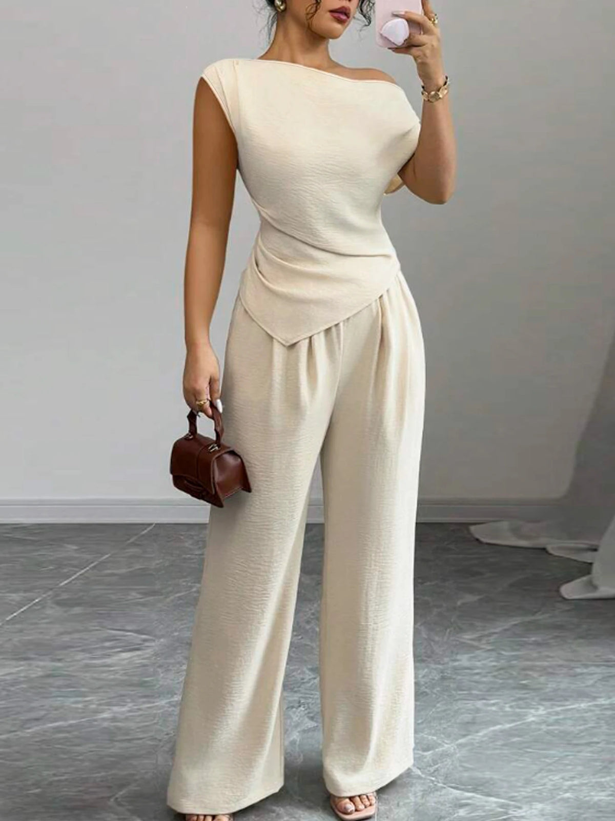 Set 2-Piece Pants Elegant Pure Color Ladies Asymmetric Top And Wide Leg Pants 2-Piece Set for Commuting Casual Vacations Fashionable Arrival