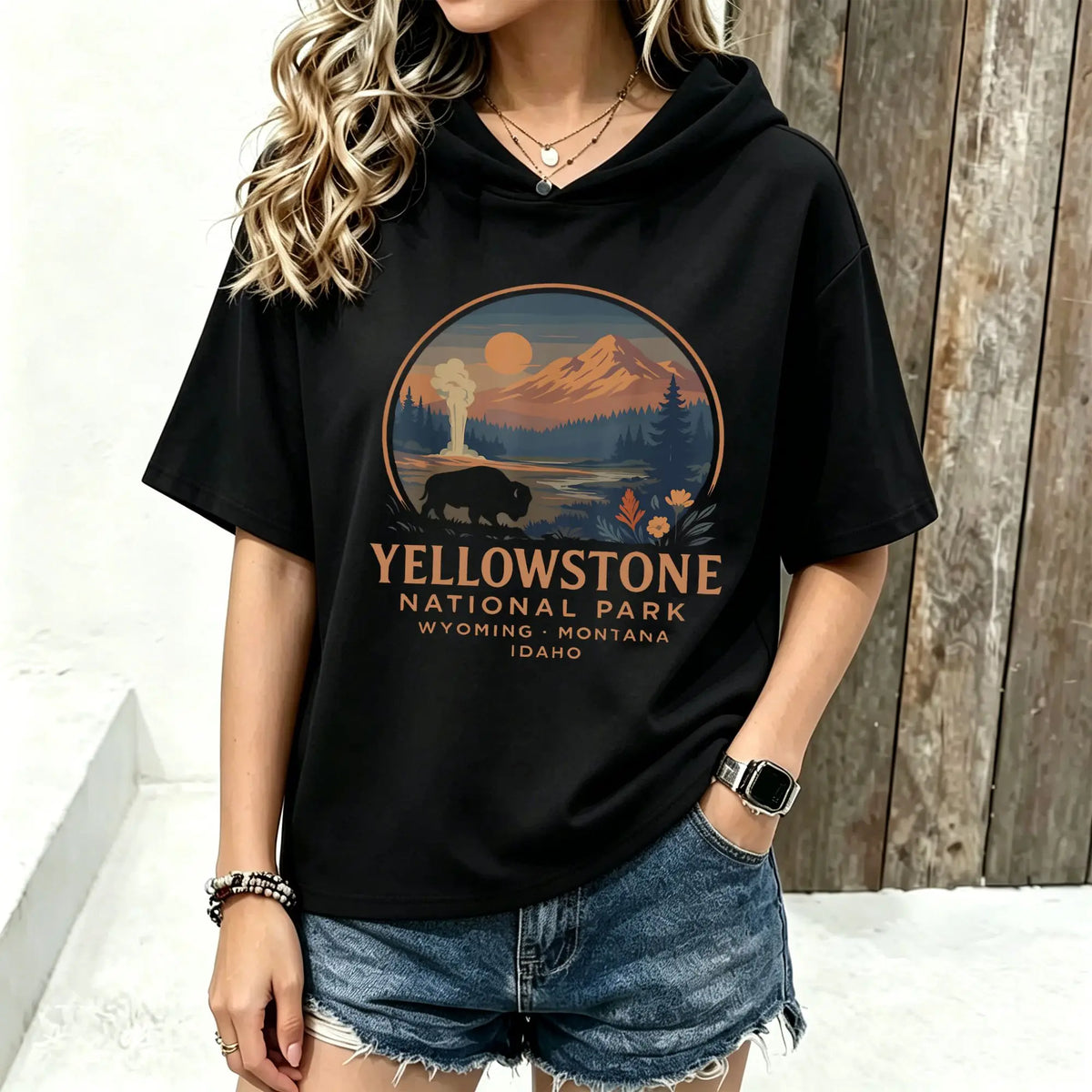 `Women Short Sleeve Hooded T‑Shirt Yellowstone National Park Graphic Print Spring Summer Loose Hoodie Tee Streetwear Casual Short Sleeve Hood Tops`