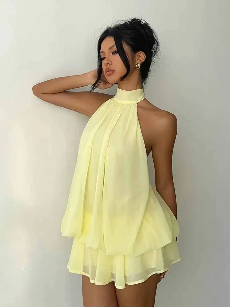 European and American Solid Color Neck Hanging mini Skirt with Loose Atmosphere, Beach Date Sleeveless Short Dress