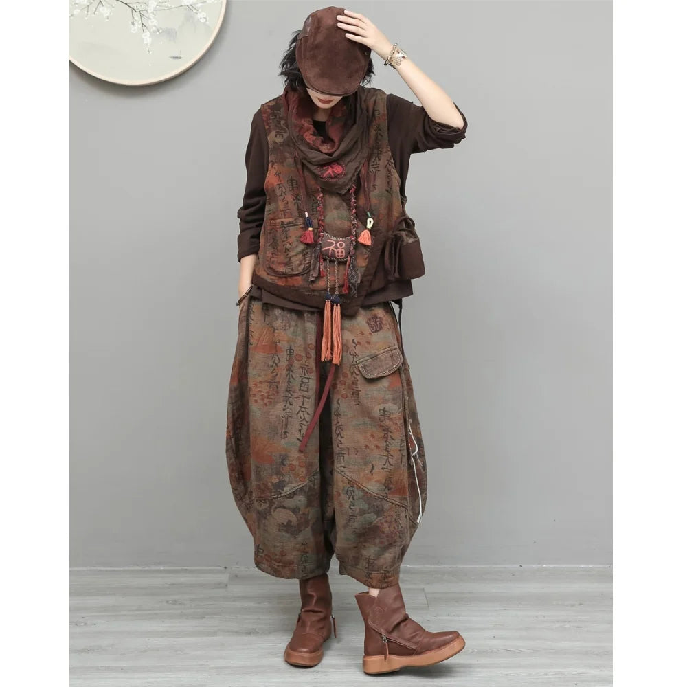Set Artistic Print Outfit Women Autumn Tie-front Cardigan Loose-fitting Short Vest + Versatile Cropped Pant Two Piece Set ZF2545