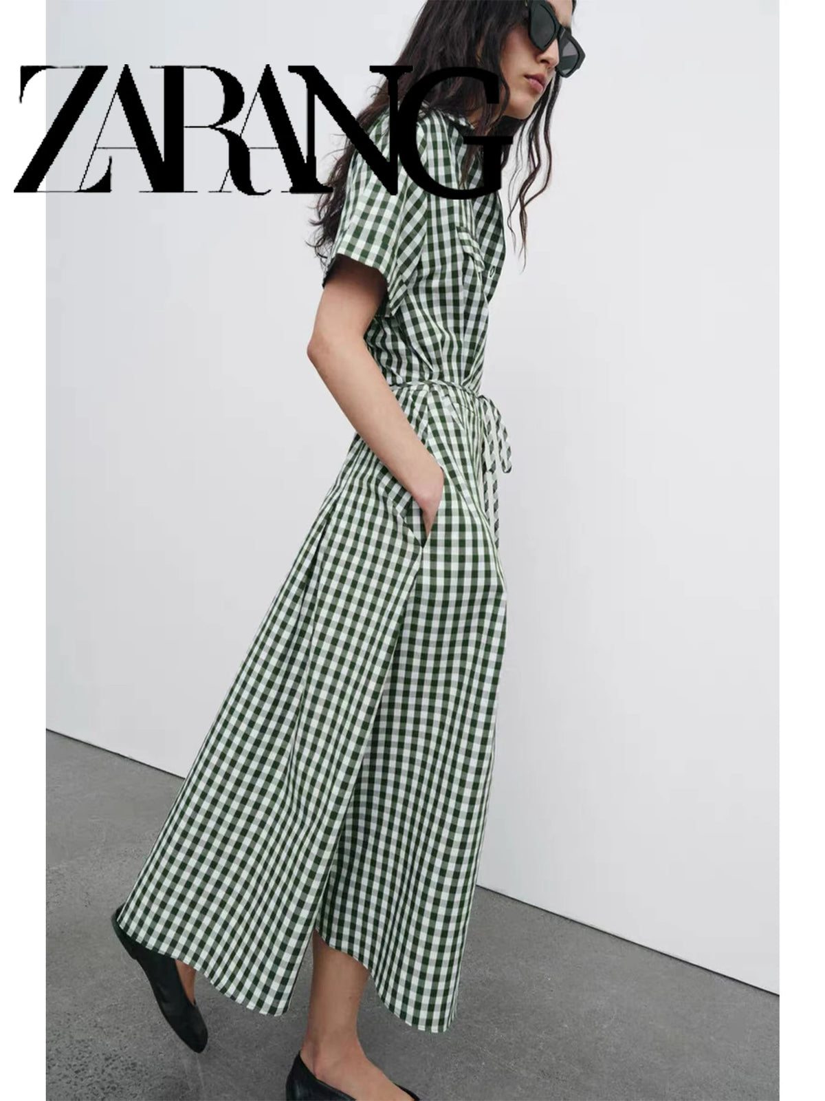 ZAZR Spring 2026 Fashion Shirt Dress Small Plaid Women's Dress Stylish Waist-Cinching Polyester Short Sleeve Loose Fit