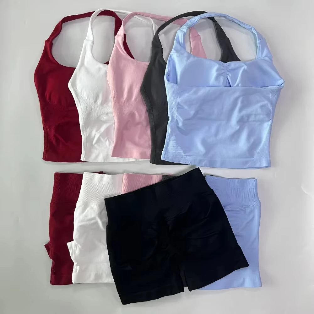 Set Women Gym 1-2pcs Gym Set Women Backless Tank Tops High Waist Scrunch Seamless Shorts High Waist Yoga Leggings Workout Sets Gym Suit