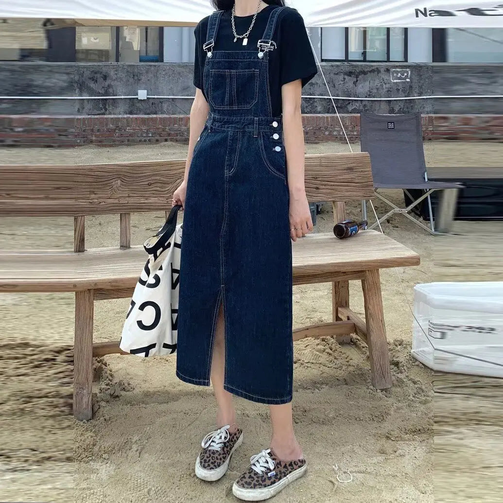 Split denim shoulder strap skirt for women in spring and autumn, loose, high waisted, medium to long style, plus size, chubby li
