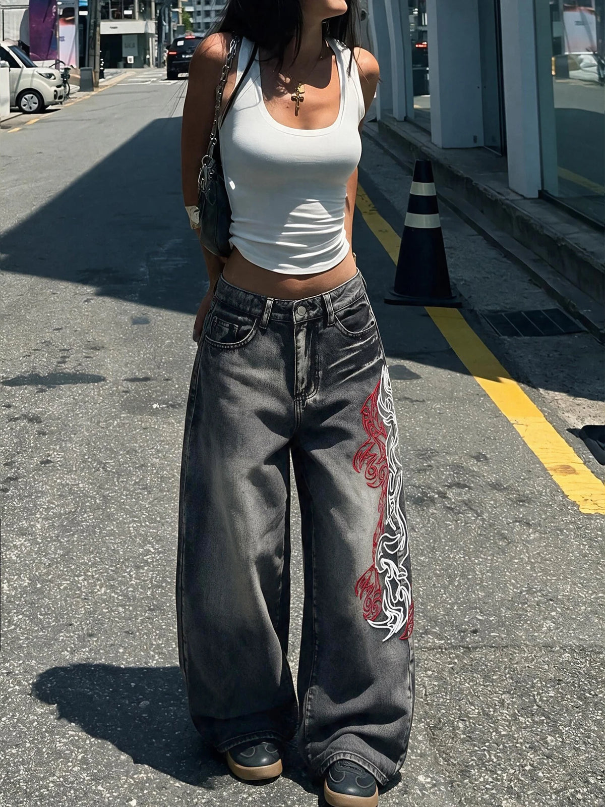 Women's High Street Vintage Two-Tone Embroidered Black Baggy Jeans Y2K Street Style Hot Girl Fashion Trend Versatile High-Waist Pants