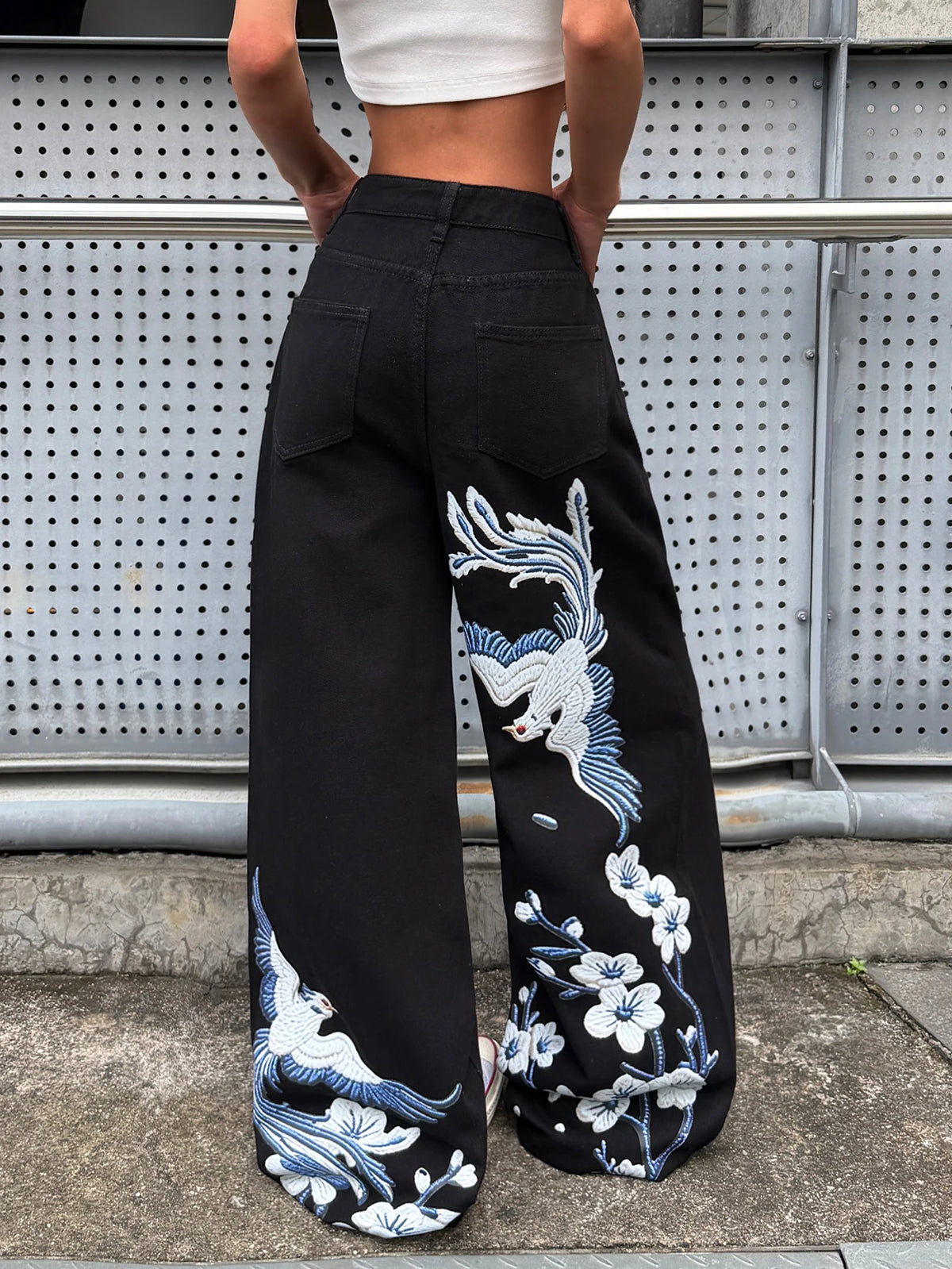 Jeans American Street Hot-Selling Women's Retro Washed Black Wide-Leg Jeans With Phoenix And Floral Niche Design Print High-Waist Baggy Y2K Spicy Girl Trousers