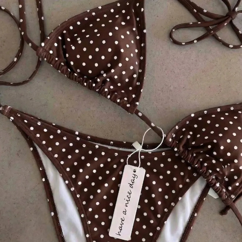 2 Piece Polka Dot Bikini Women Thong Lace-up Print Bathing Suits Halter String Triangle Bikini High Cut Swimsuits Swim Holiday