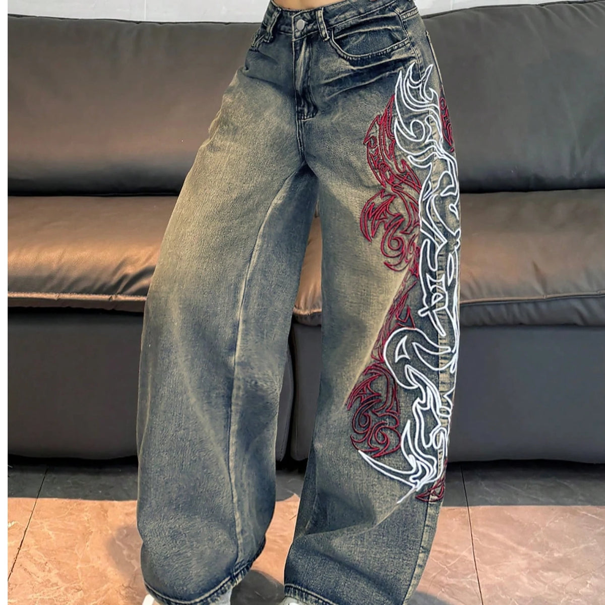 Jeans American Street Hot Item Women Vintage Mud Washed Wide Leg Jeans Abstract Side Embroidery High Waist Baggy Y2K Spicy Pants