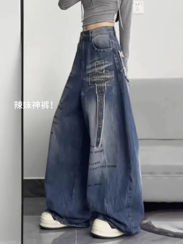 Women Harajuku Streetwear Y2K Baggy Jeans High Street Wide Leg Curved Knife Denim Pants Vintage Washed Letter Design Trousers
