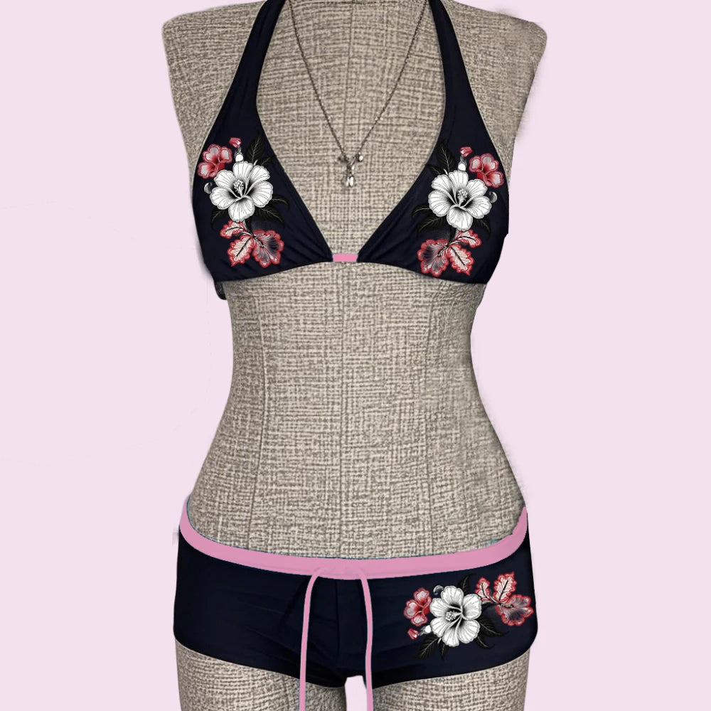 UETEEY 2025 Summer Swimwear Bikinis Set Sexy Printed Lace Back Naked Bikini 2 Pieces Set Women's Swimwear Slit Beach Bikini