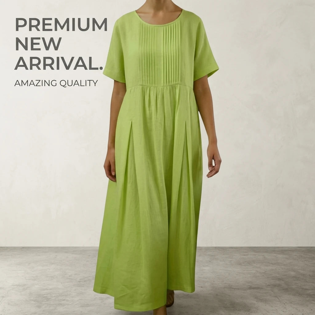 Cotton Linen Dress for Women Pleated Solid Color Short Sleeve Casual Midi Pullover Sundress