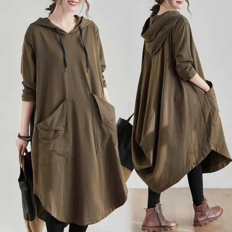 Plus Size Dresses Hooded Oversizes Autumn Loose Fashion Korean Solid Color Pockets Long Sleeve Midi Dress Maternity Coat Jacket