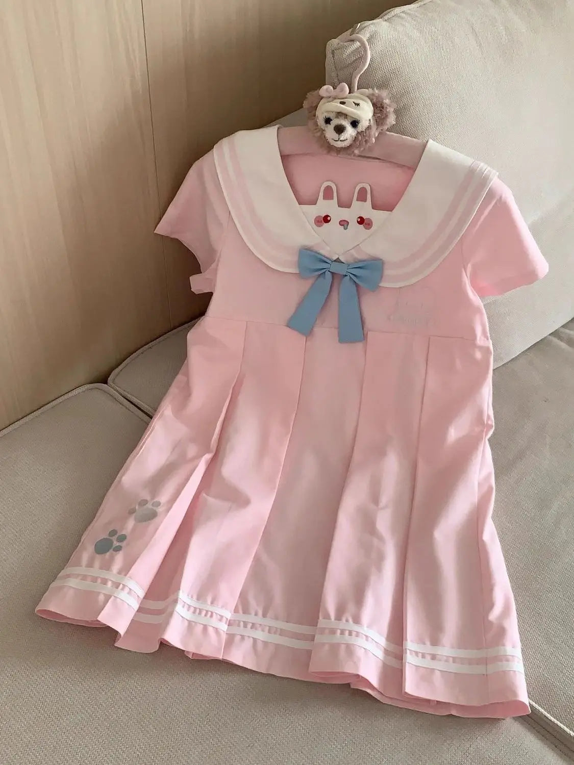 Dress Cute Y2K Japanese Soft Girl Little Rabbit Ear Design Navy Collar Pleated Skirt Slimming Dress Student Friendly Daily Wear