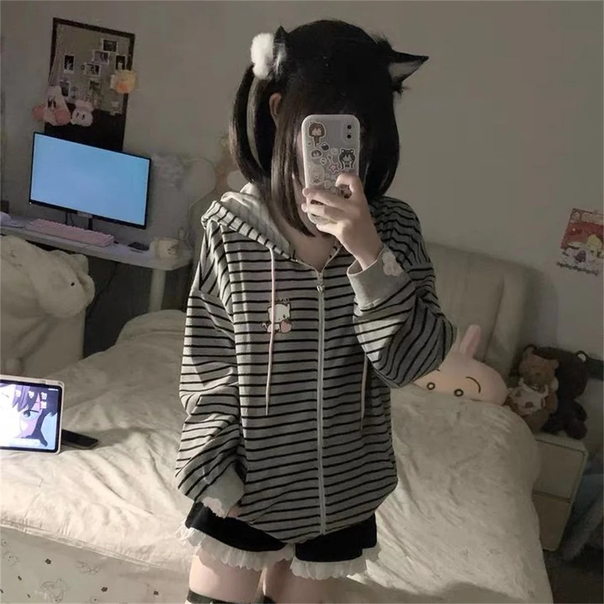 Cool Black Spring Women's Zipper Casual Long Sve Striped ort Coat Autumn Wear Street Sle Loose Fit Comfortable Femme Hoodie