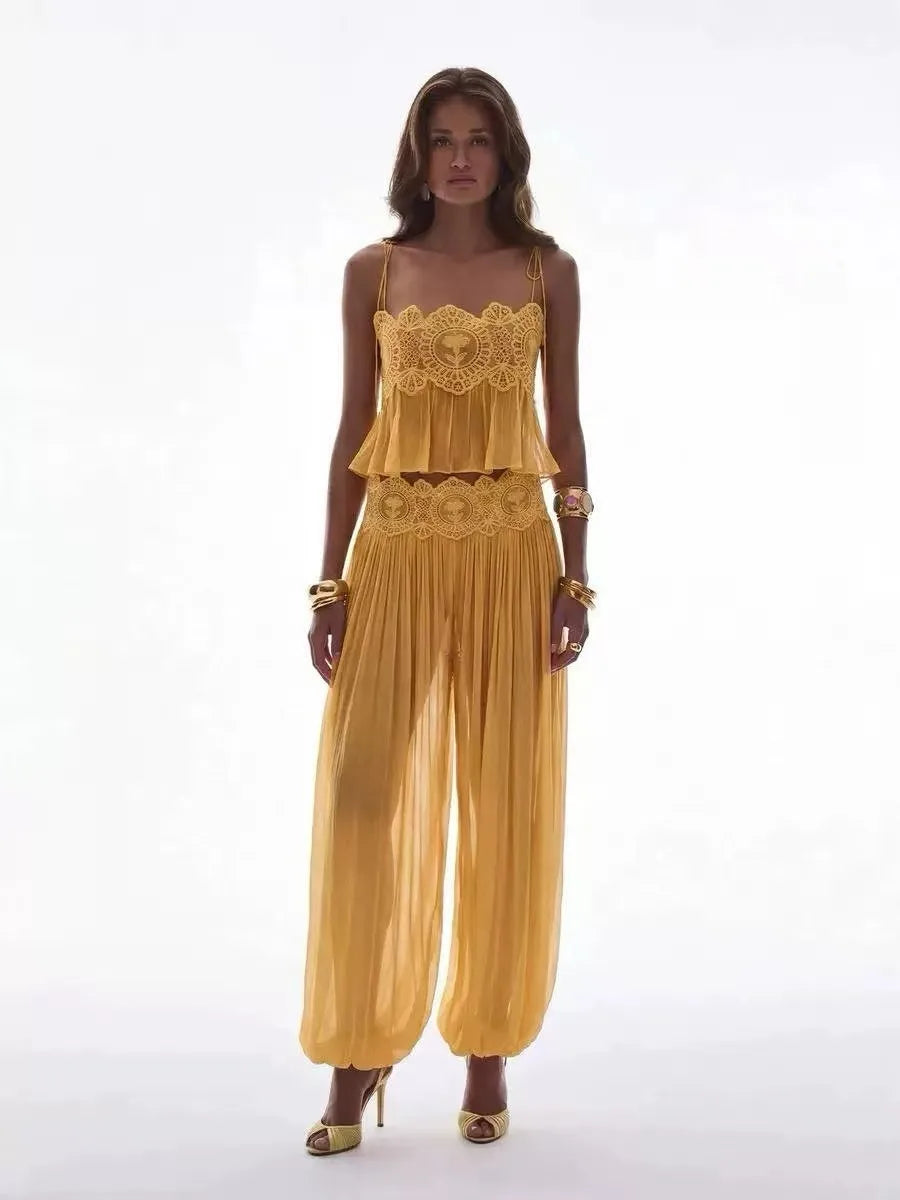 Beach Floral Women's Sets Beach Water‑Soluble Floral Lace Hollow Out Women's Pants Sets, Ruffles Spaghetti Strap Crop Tops, Loose Pleated Lantern Pants, 2
