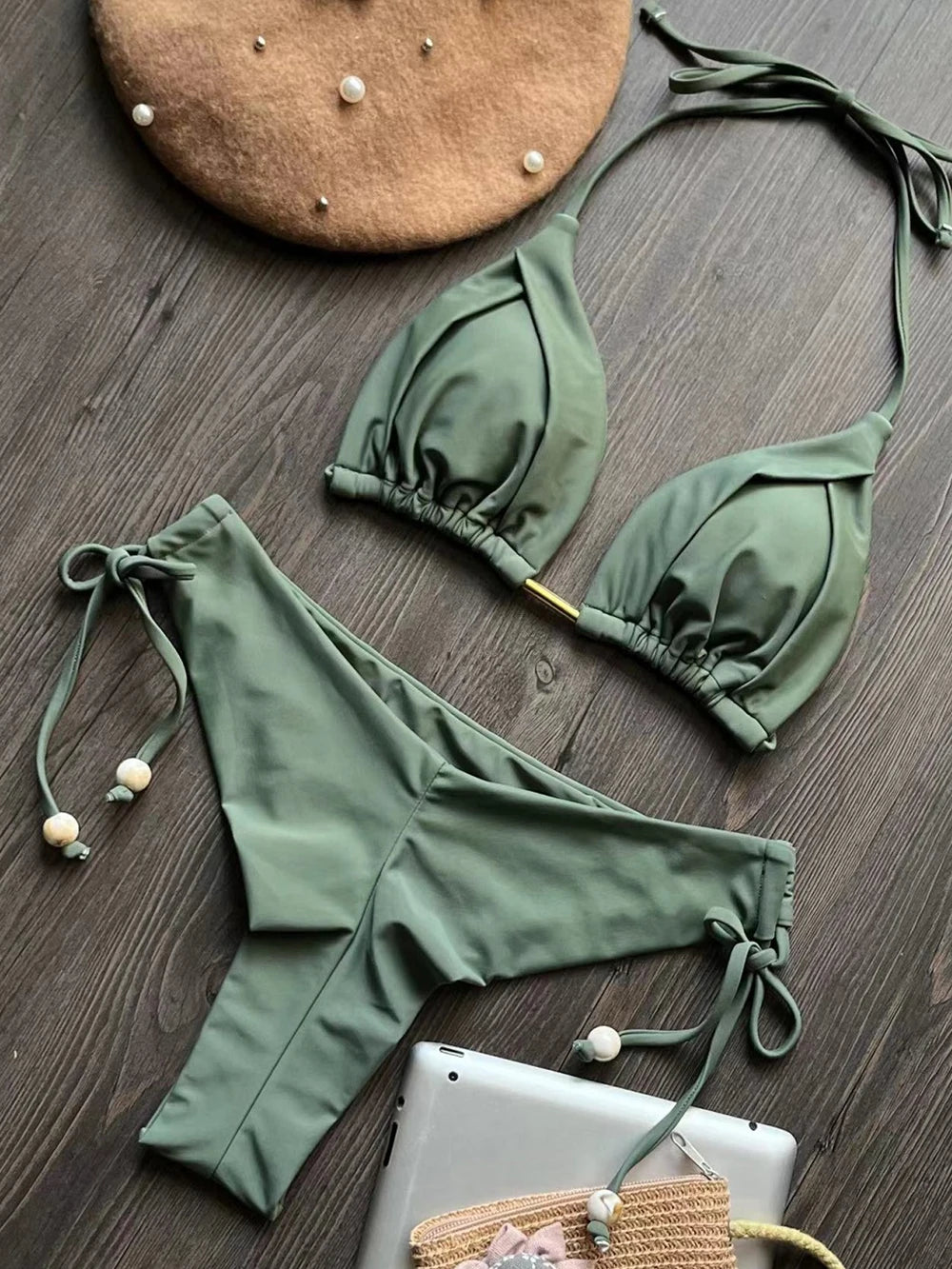 Solid color bikini set 2026 women's swimsuit 2-piece set bead neck hanging bikinis summer beach Swimwear