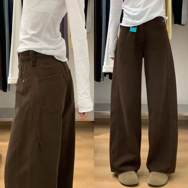 Y2K Women Coffee Brown Wide Leg Curved Jeans 2026 Fall Loose Casual Slim Floor Drape Denim Pants