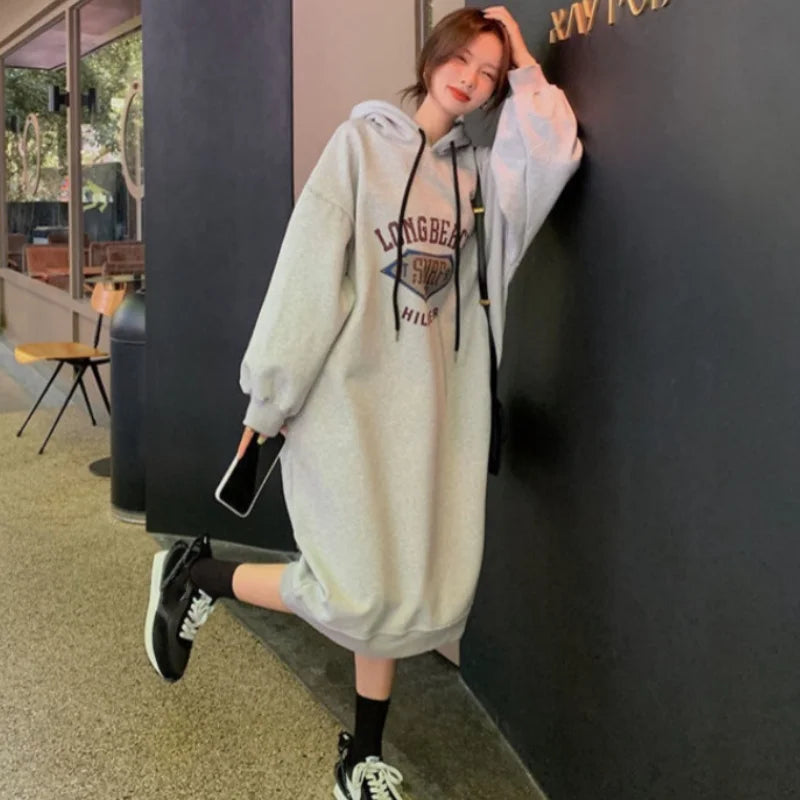 Plus Size Women's Fleece Hooded Dresses Autumn Winter Retro America Oversizes Sweatshirt Long Sleeve A-Line Midi Dress Maternity
