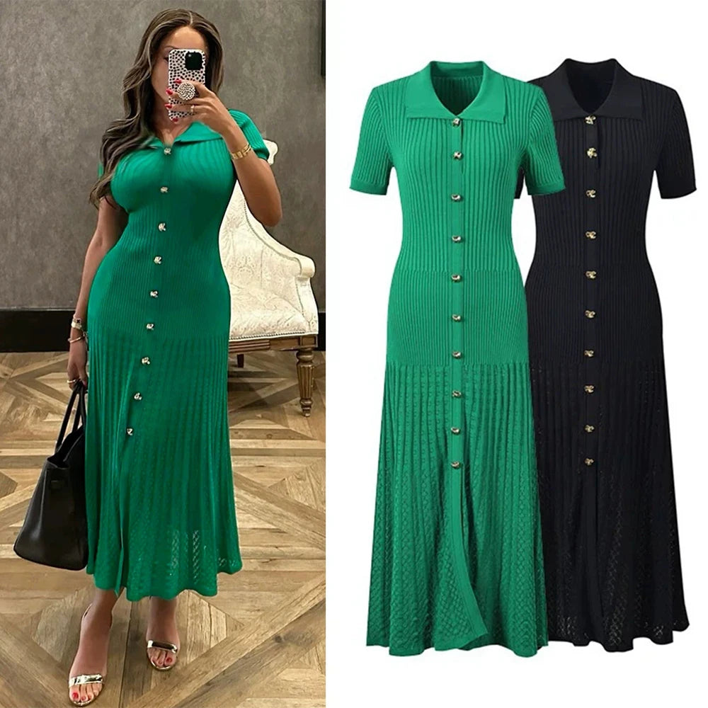 YuooMuoo Brand Fashion Vintage Turn-down Collar Knit Maxi Dress Elegant Single-breasted A-line Long Shirt Dress Lady Vestidos