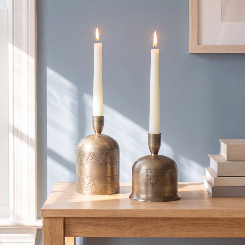 SET OF TWO ANTIQUE BRASS BELL TAPER CANDLE HOLDERS