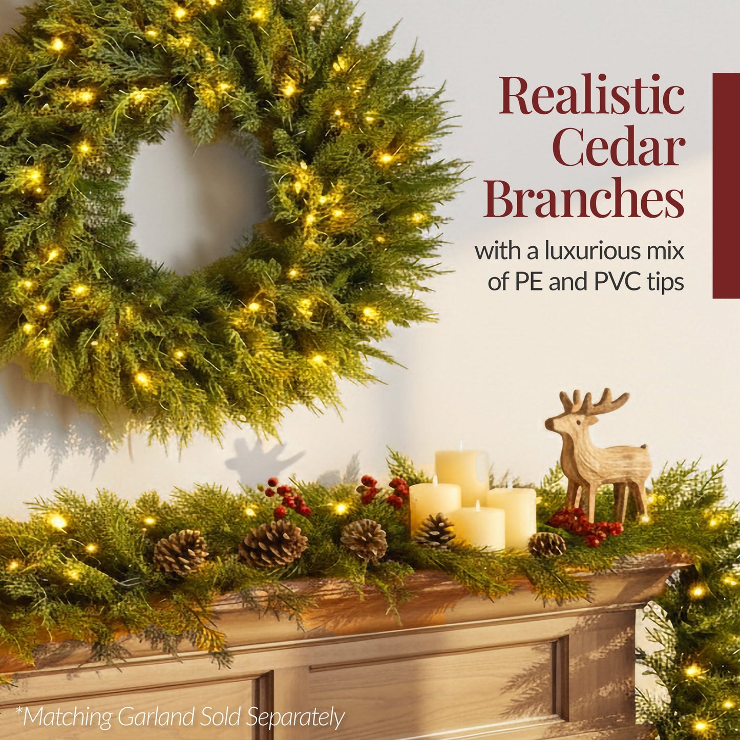 Pre-Lit Cedar Cypress Christmas Wreath with Twinkling LED Lights