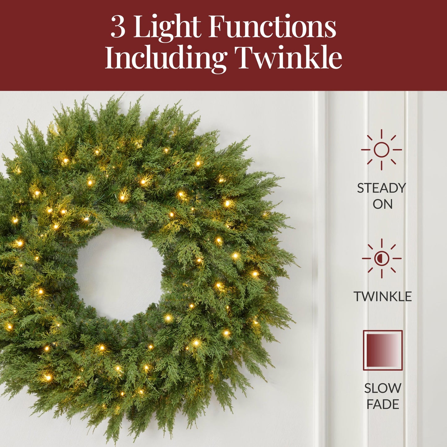 Pre-Lit Cedar Cypress Christmas Wreath with Twinkling LED Lights