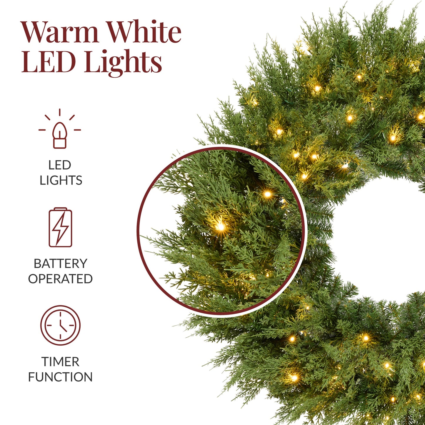 Pre-Lit Cedar Cypress Christmas Wreath with Twinkling LED Lights
