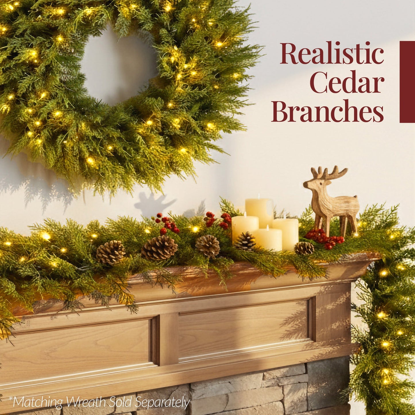 Pre-Lit Cedar Cypress Christmas Garland with Twinkling LED Lights