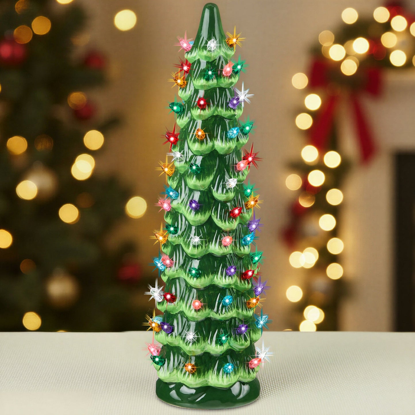 15-Inch Hand-Painted Ceramic Christmas Tree with LED Lights