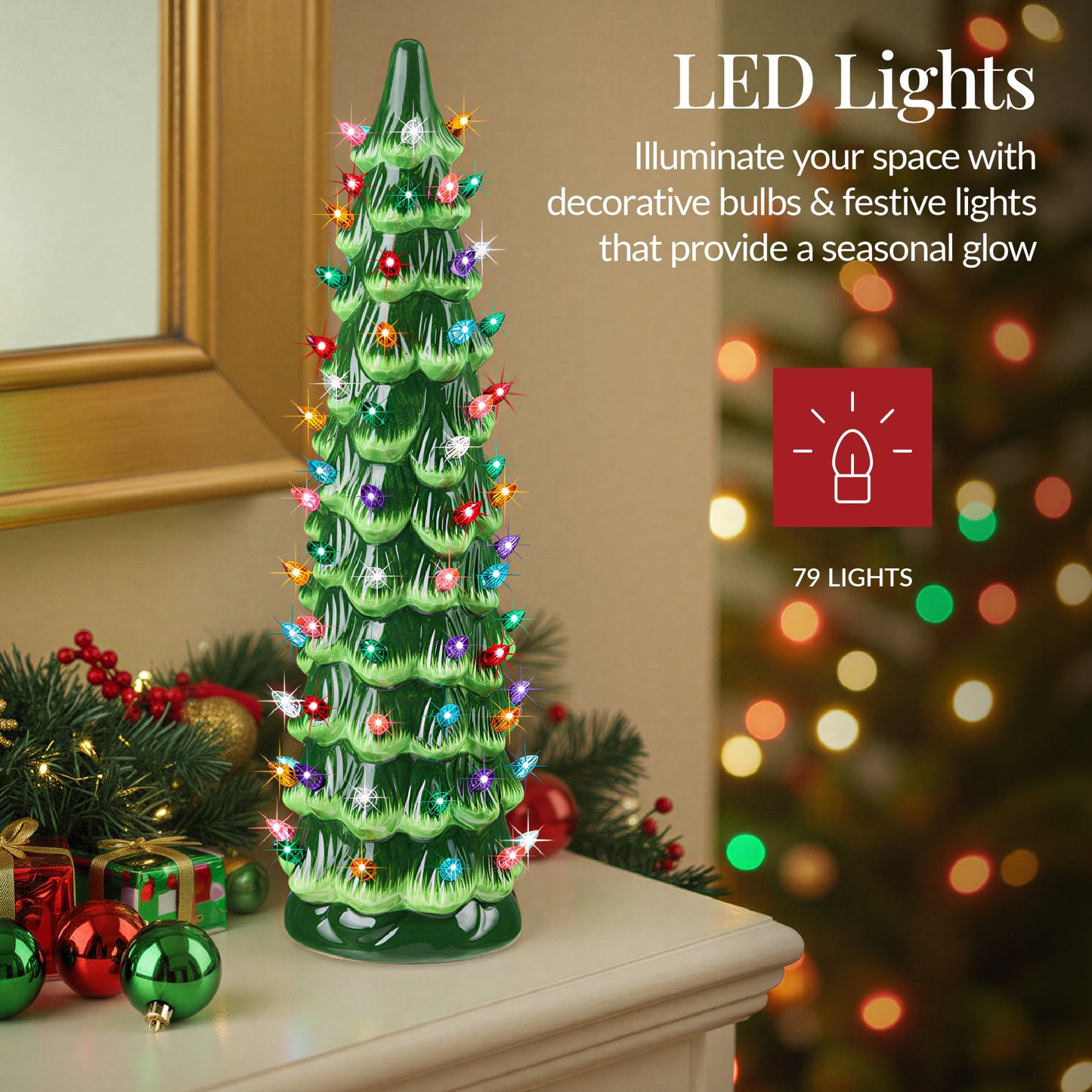 15-Inch Hand-Painted Ceramic Christmas Tree with LED Holiday Lighting