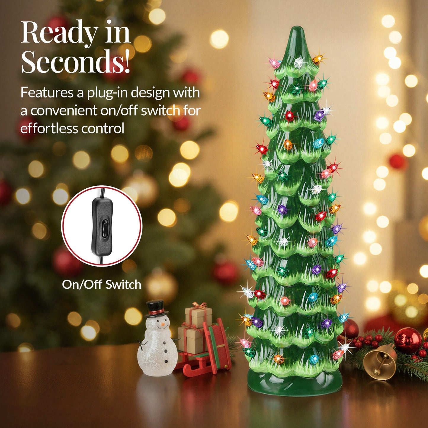 15-Inch Hand-Painted Ceramic Christmas Tree with LED Holiday Lighting