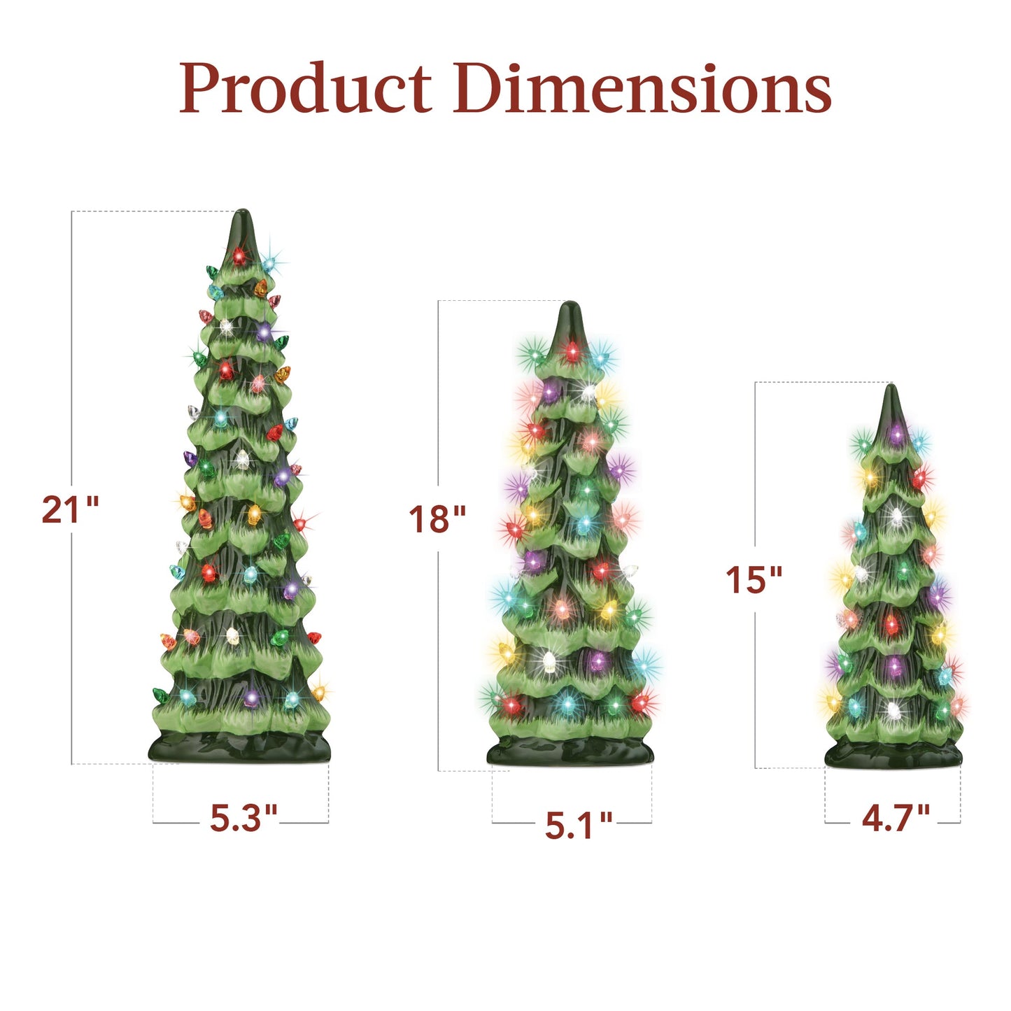 Set of 3 XL Hand-Painted Ceramic Christmas Trees with LED Lights