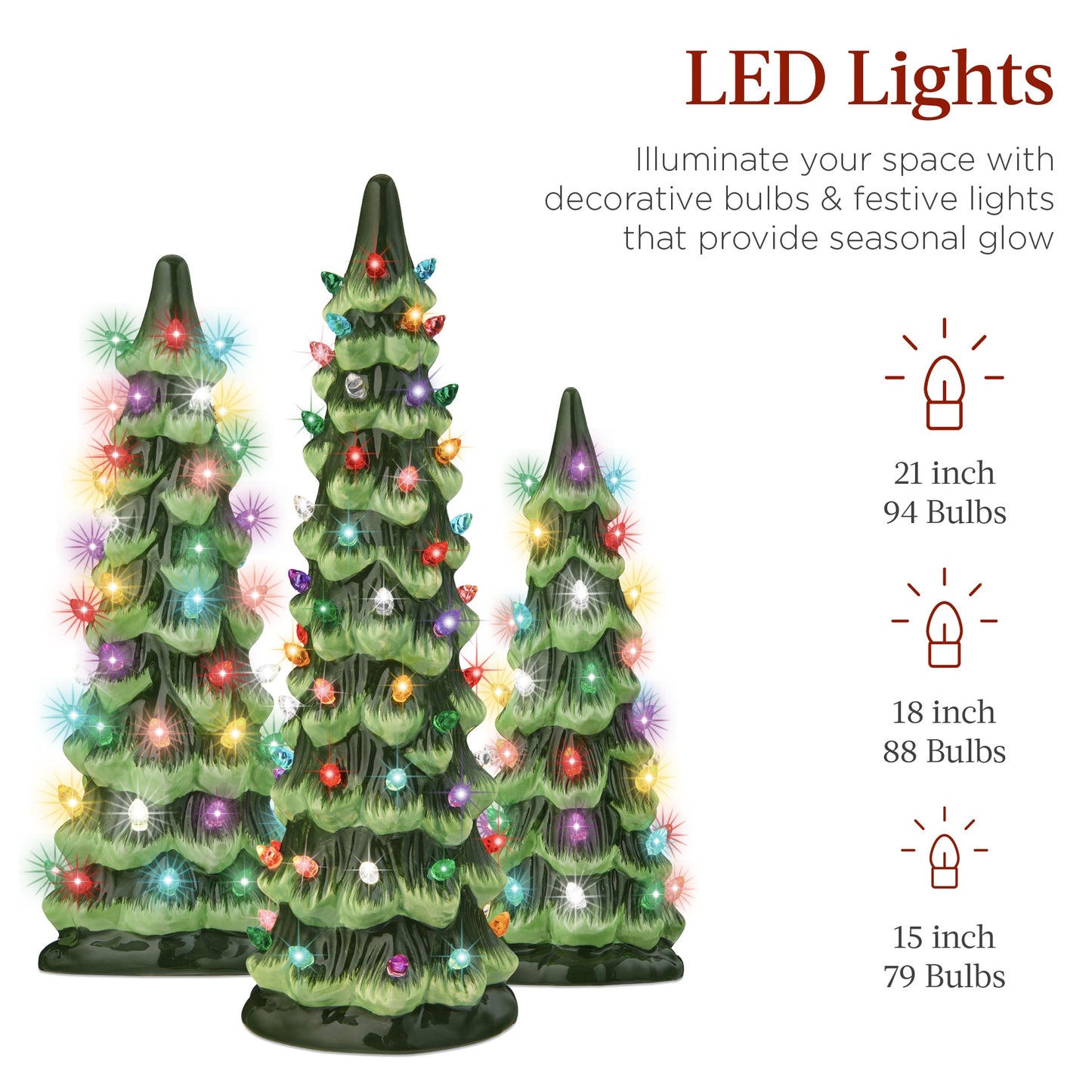 Set of 3 XL Hand-Painted Ceramic Christmas Trees with LED Lights