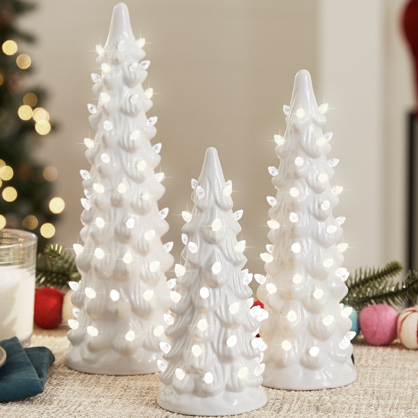 Set of 3 XL Hand-Painted Ceramic Christmas Trees with LED Lights