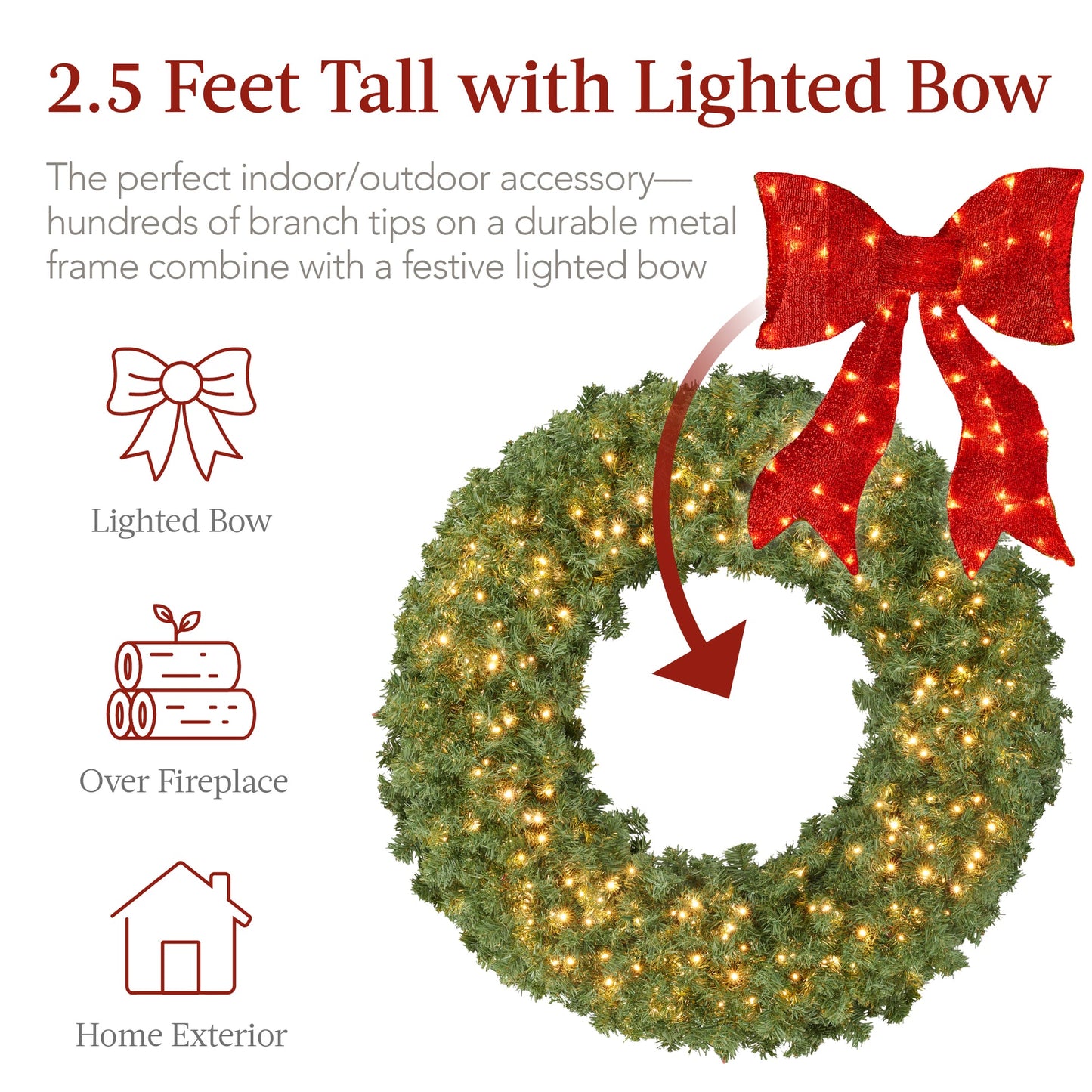 Pre-Lit Artificial Fir Christmas Wreath with Red Bow & LED Lights
