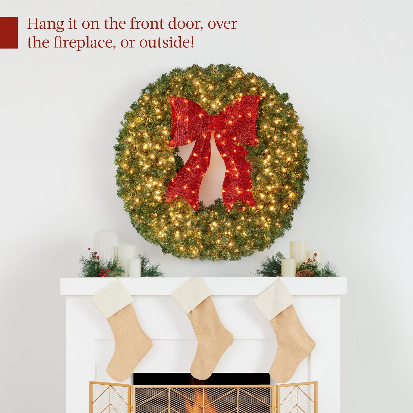 Pre-Lit Artificial Fir Christmas Wreath with Red Bow & LED Lights