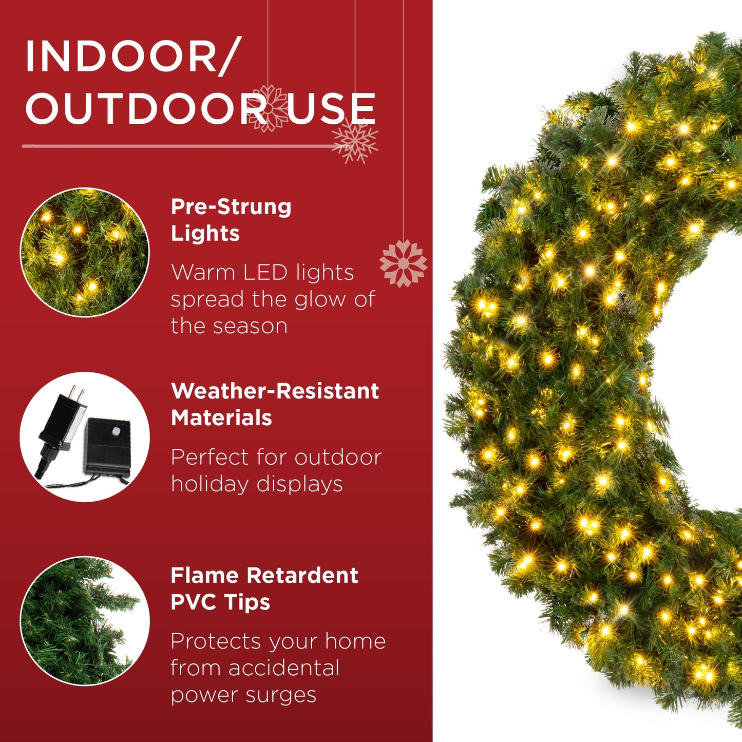 Pre-Lit Artificial Fir Christmas Wreath with LED Lights, Plug-In Design
