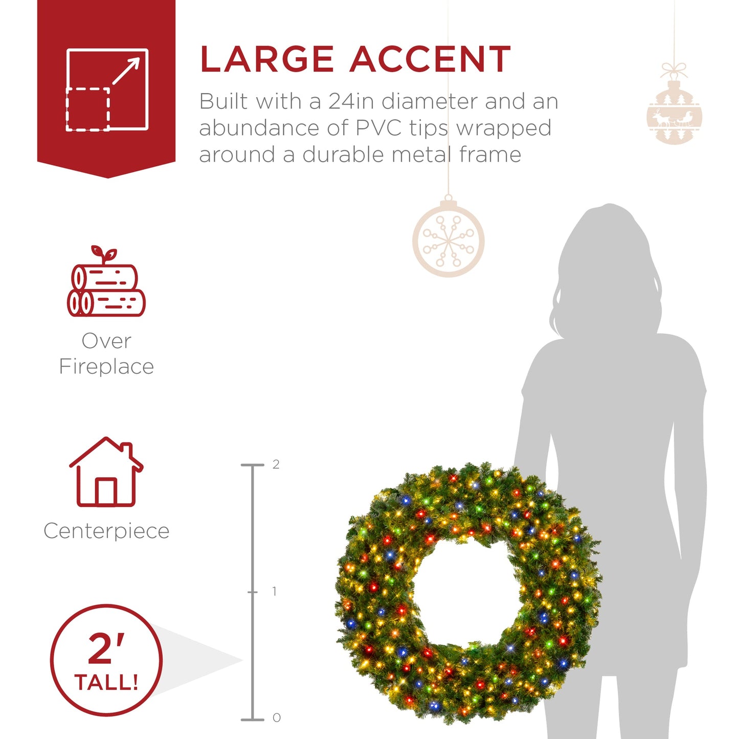 Pre-Lit Artificial Fir Christmas Wreath with Multicolor LED Lights