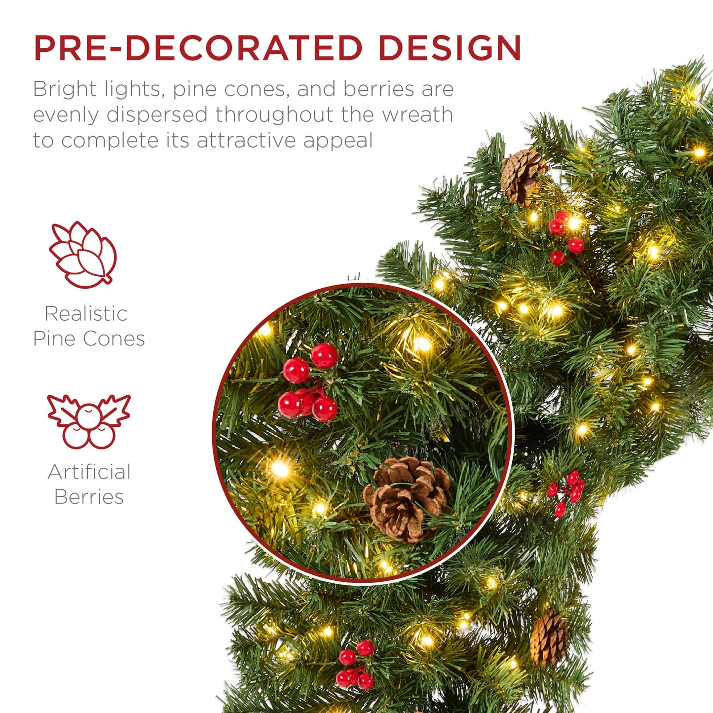 Pre-Lit Artificial Christmas Wreath with Berries & Pinecones