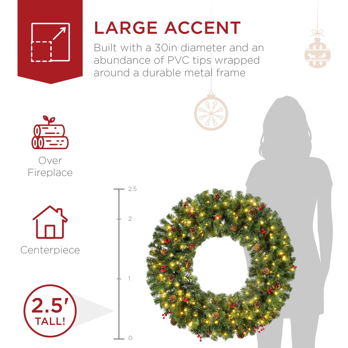 Pre-Lit Artificial Christmas Wreath with Berries & Pinecones