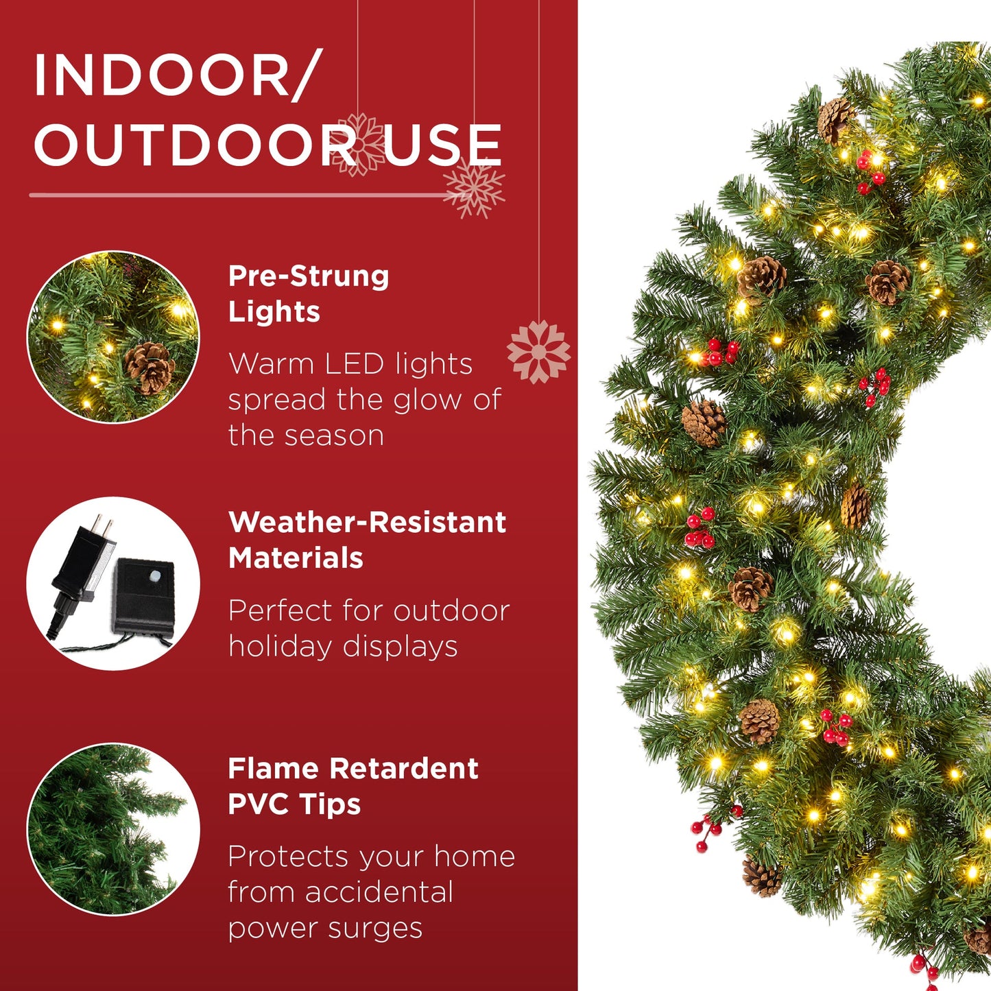 Pre-Lit Artificial Christmas Wreath with Berries & Pinecones