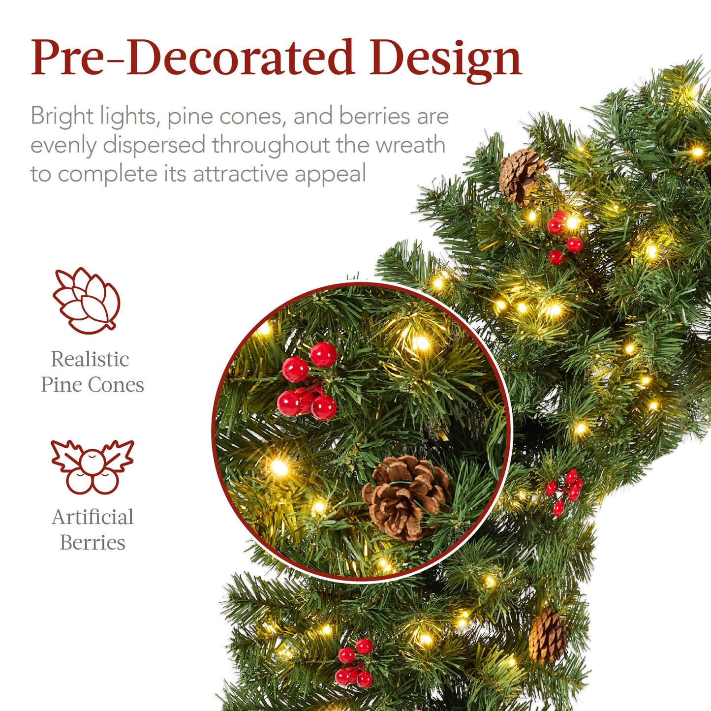 Pre-Lit Artificial Christmas Wreath with Red Bow, Berries & Pinecones