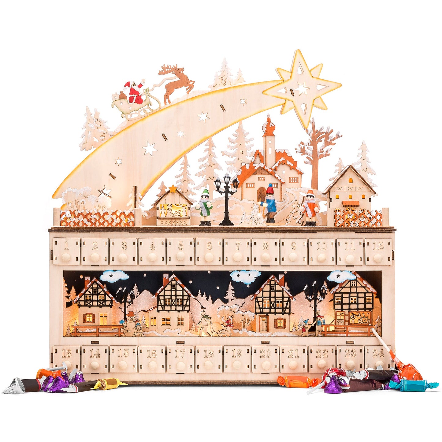 Wooden Shooting Star Christmas Advent Calendar with LED Light Background