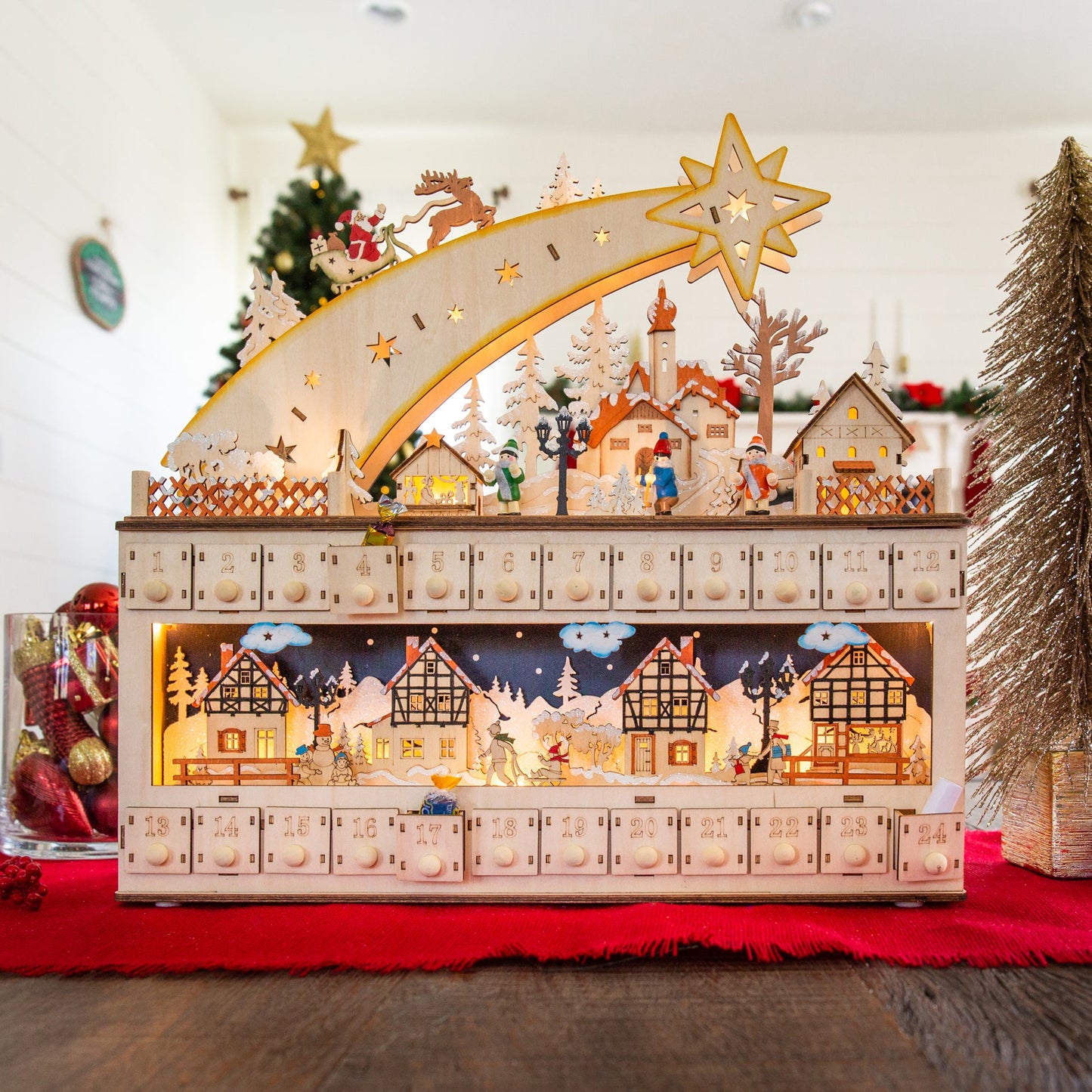 Wooden Shooting Star Christmas Advent Calendar with LED Light Background