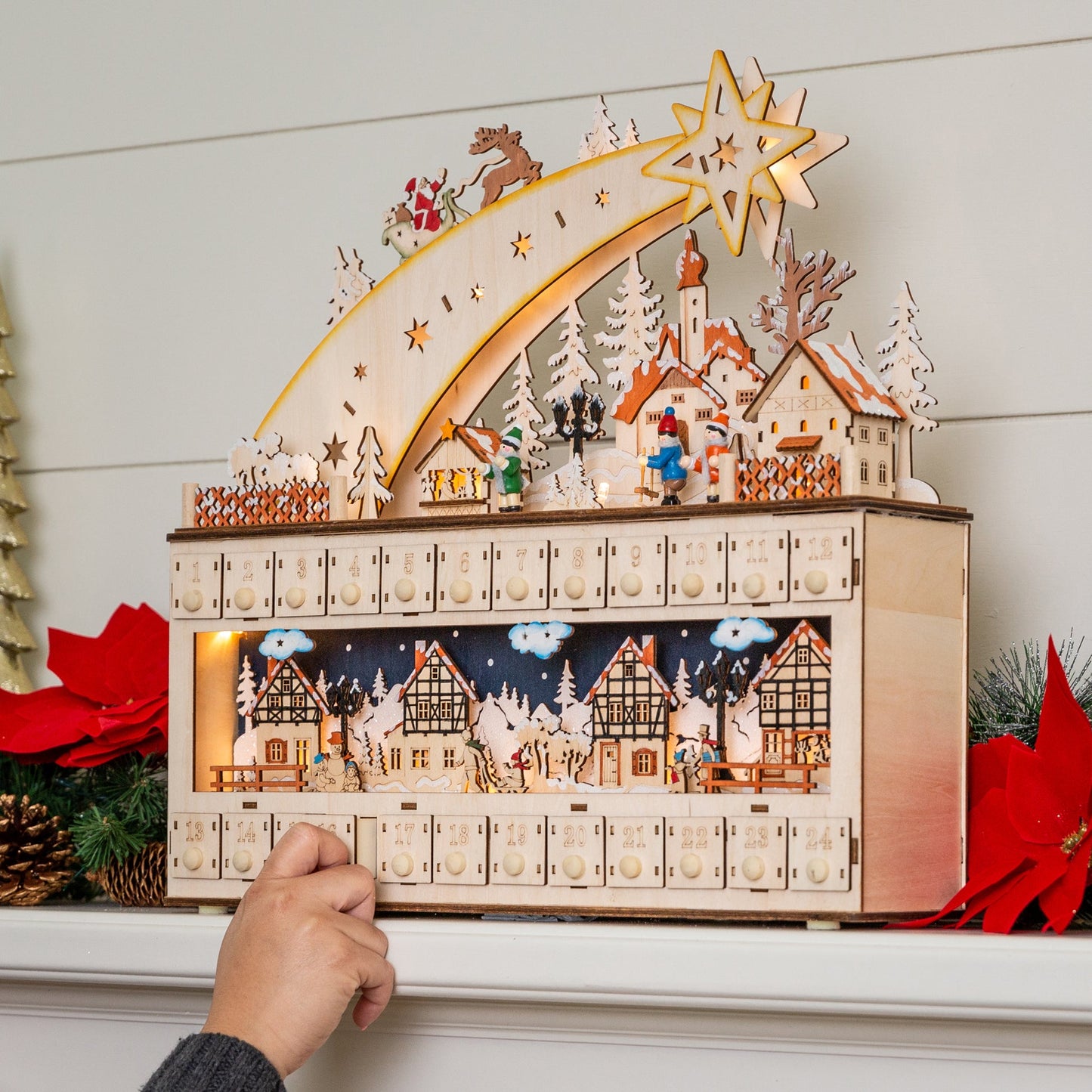 Wooden Shooting Star Christmas Advent Calendar with LED Light Background