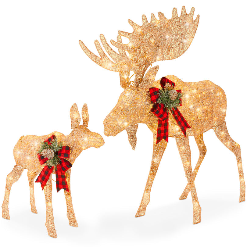 2-Piece Moose Family Lighted Outdoor Christmas Decoration Set with LED Lights