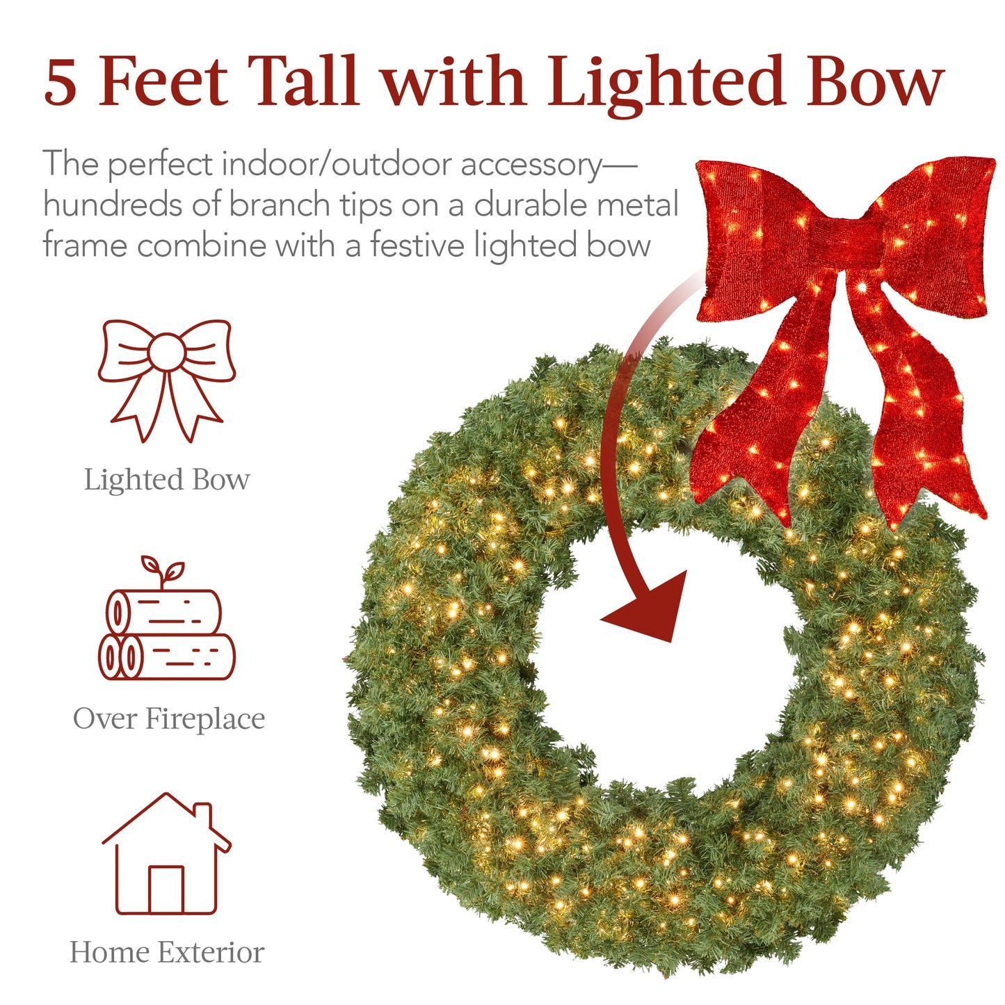 Pre-Lit Artificial Fir Christmas Wreath with Red Bow & LED Lights